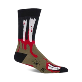 black, olive green, and red men's crew socks with pattern of bloody zombie feet, hands coming out of grave, and large black spider on foot.  