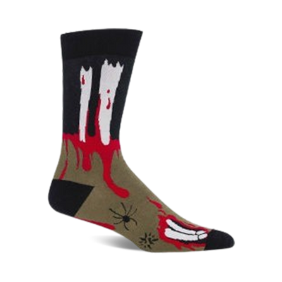 black, olive green, and red men's crew socks with pattern of bloody zombie feet, hands coming out of grave, and large black spider on foot.  