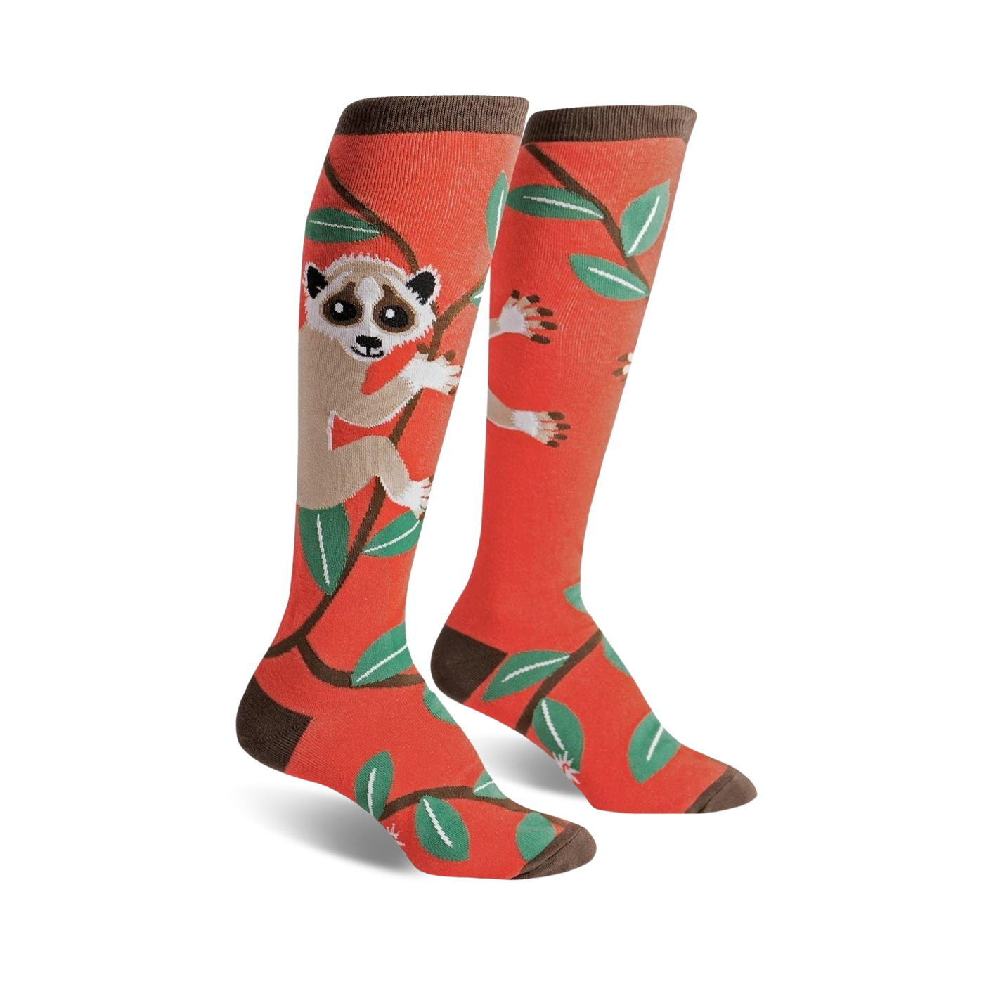 Pair of coral knee-high socks featuring a whimsical slow loris design on a branch with teal leaves. Brown sock top.