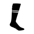 Close-up of a single black knee-high sock with white stripes and partial 'Bad Ass' graphic.