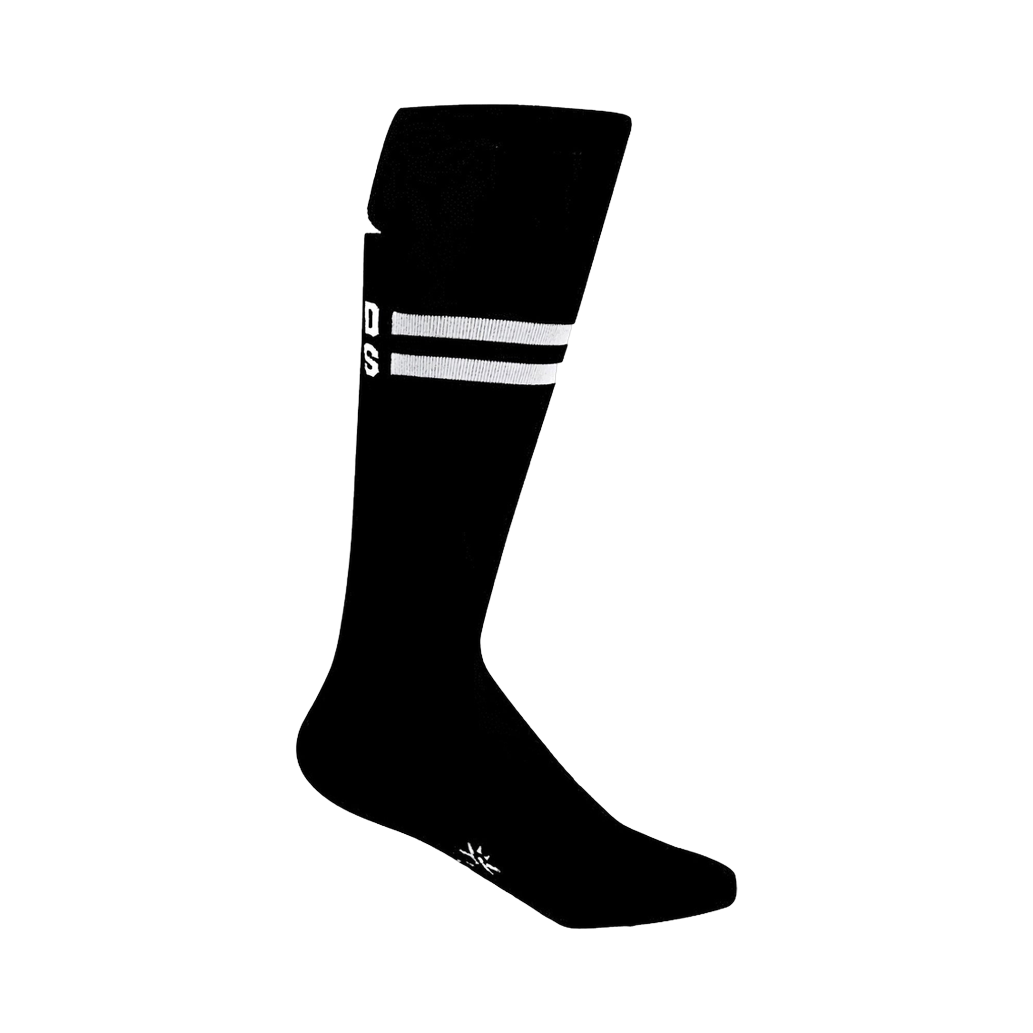 Close-up of a single black knee-high sock with white stripes and partial 'Bad Ass' graphic.