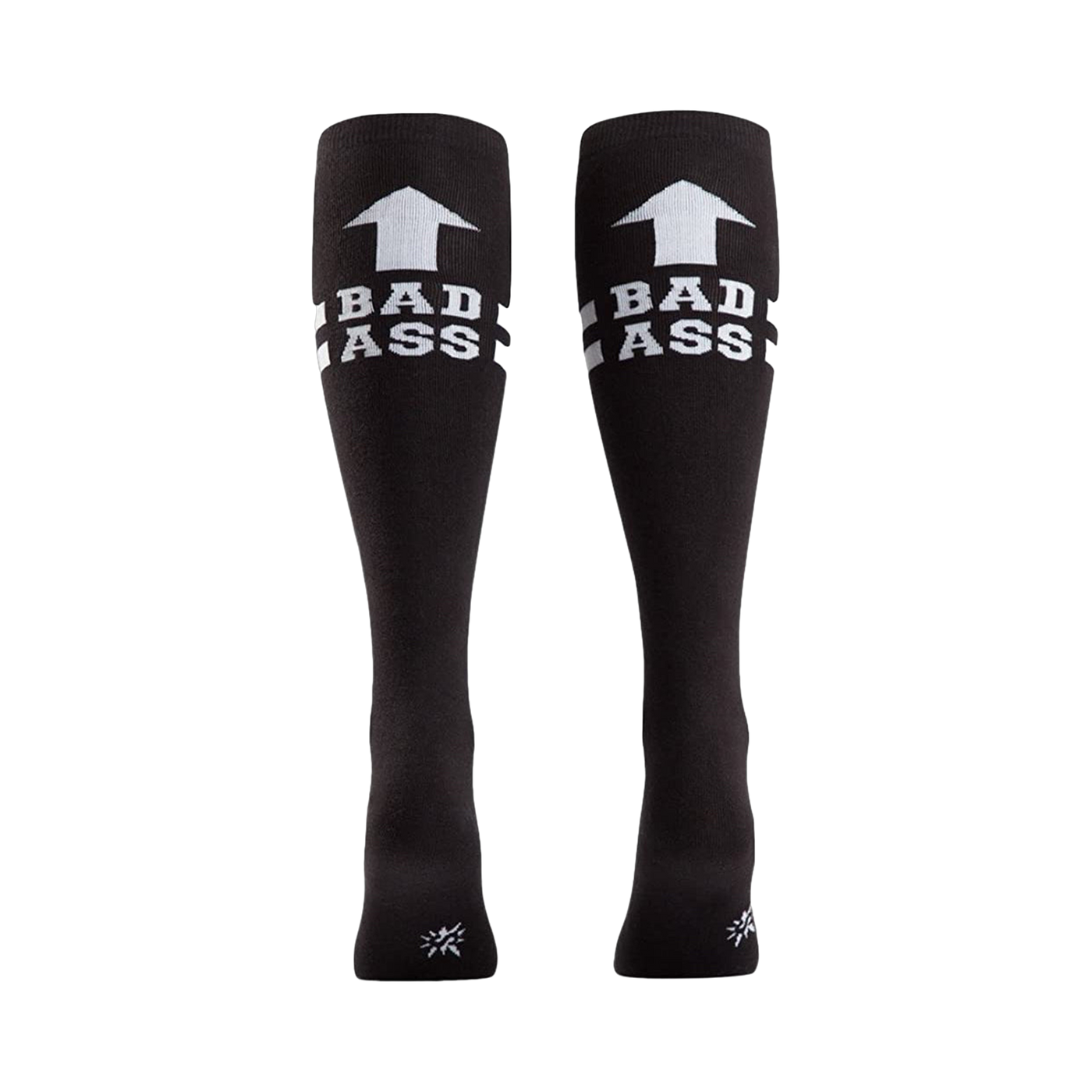Rear view of a pair of black 'Bad Ass' knee-high socks on a person's legs.