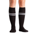 Studio shot: A pair of black knee-high socks with white stripes on a white background.