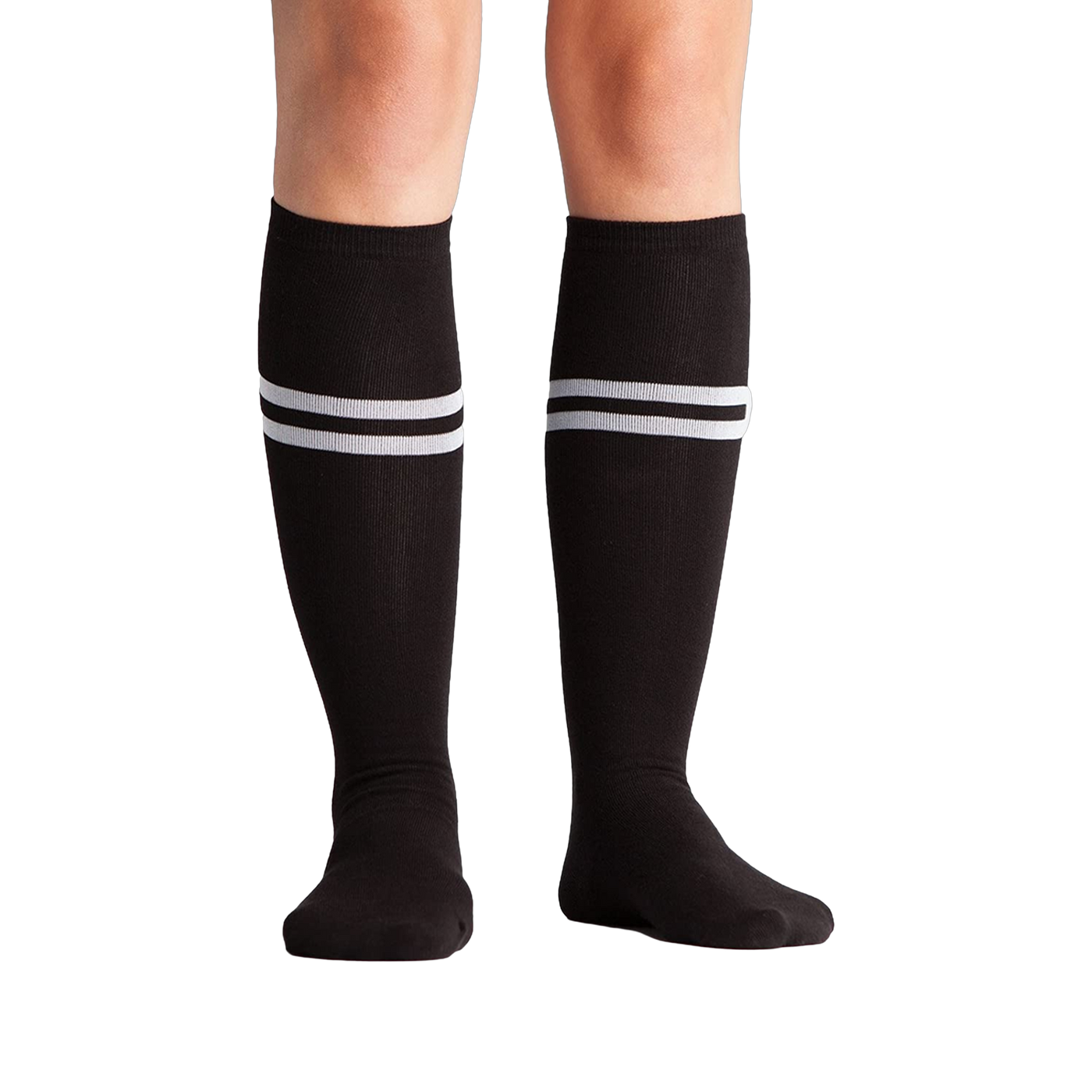 Studio shot: A pair of black knee-high socks with white stripes on a white background.