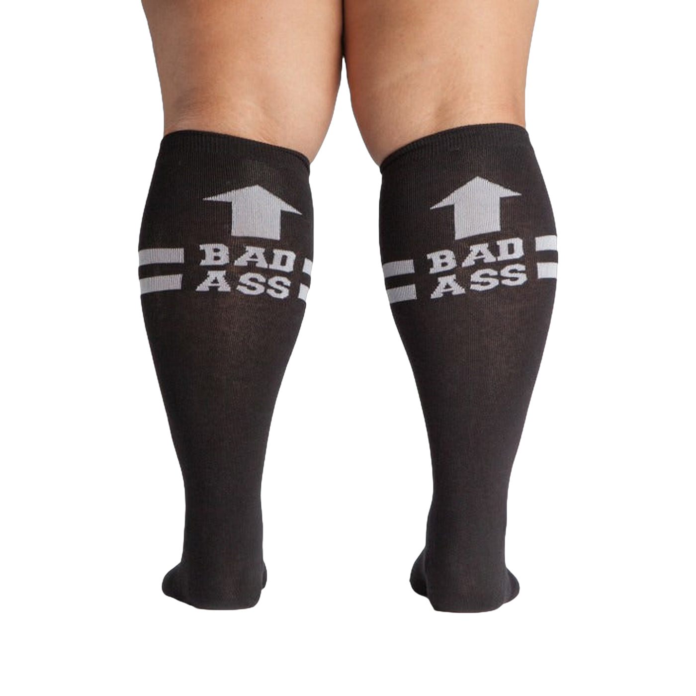 Flat lay product shot: Two black 'Bad Ass' knee-high socks laid flat.