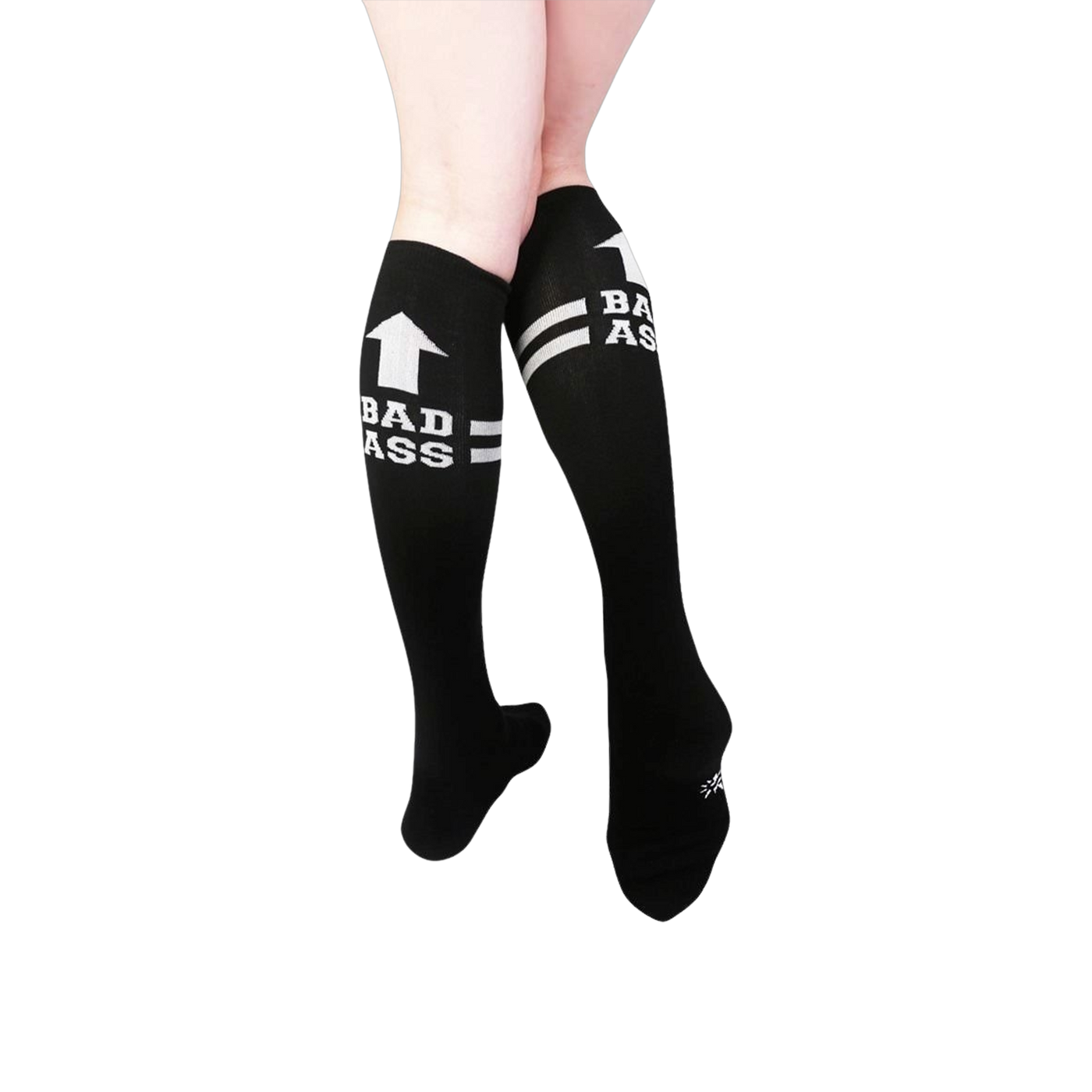 Pair of black knee-high socks with white stripes and 'Bad Ass' text.  Features an upward-pointing arrow graphic.