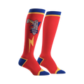 Pair of red knee-high socks with a retro raygun, lightning bolt, and blue and yellow accents. 