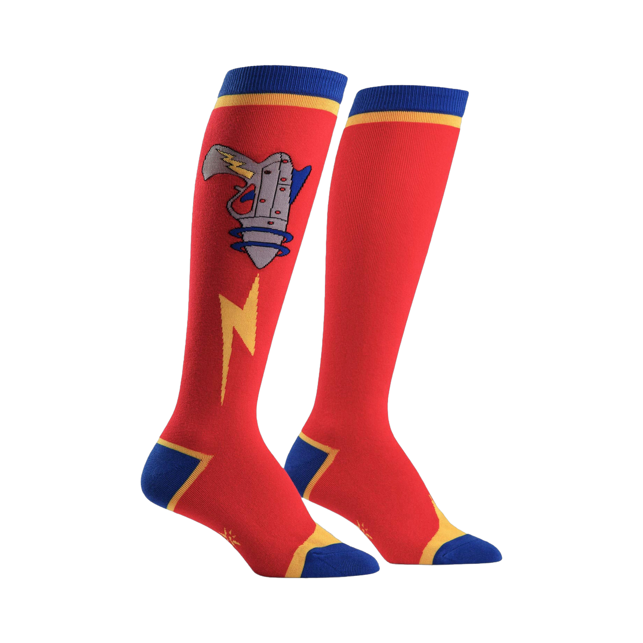 Pair of red knee-high socks with a retro raygun, lightning bolt, and blue and yellow accents. 