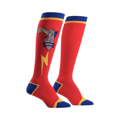 Pair of red knee-high socks with a retro raygun, lightning bolt, and blue and yellow accents. 
