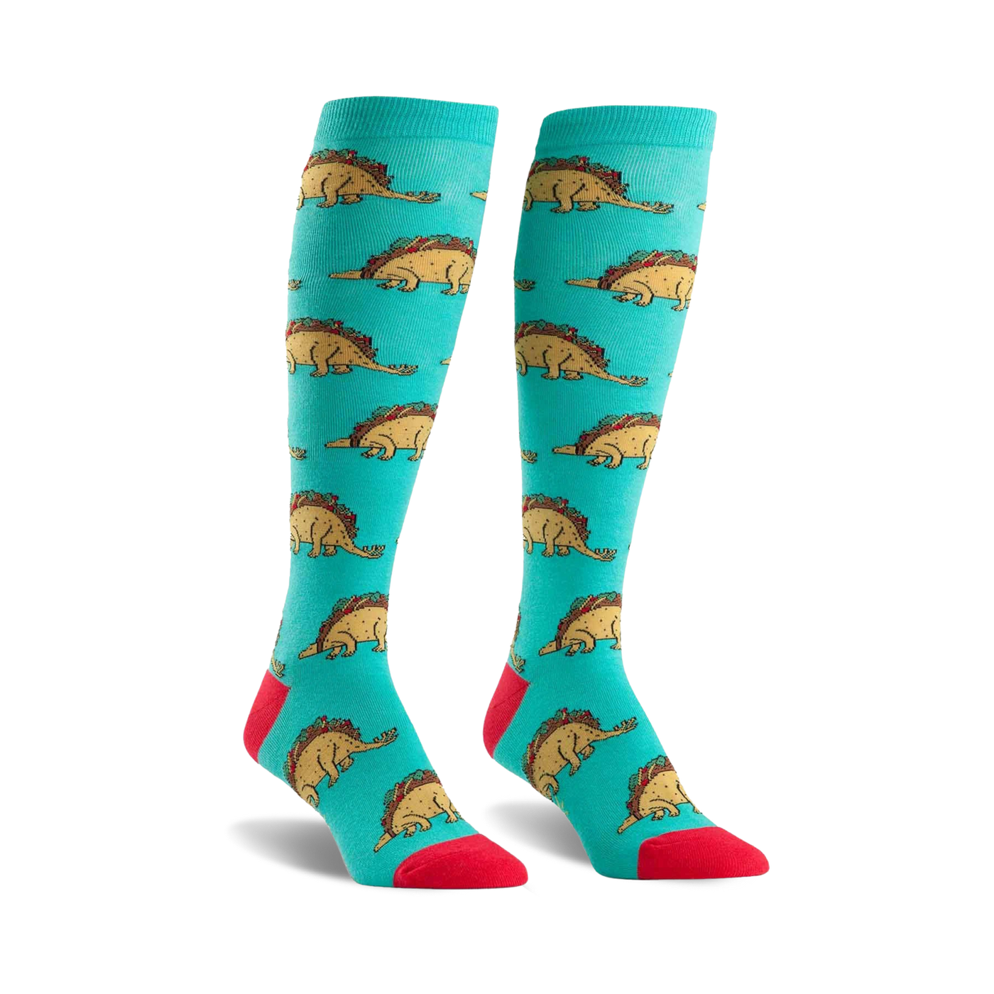 Pair of teal knee-high socks with a repeating pattern of cartoon dinosaurs made of tacos.  Accents of red on the toes and cuffs.