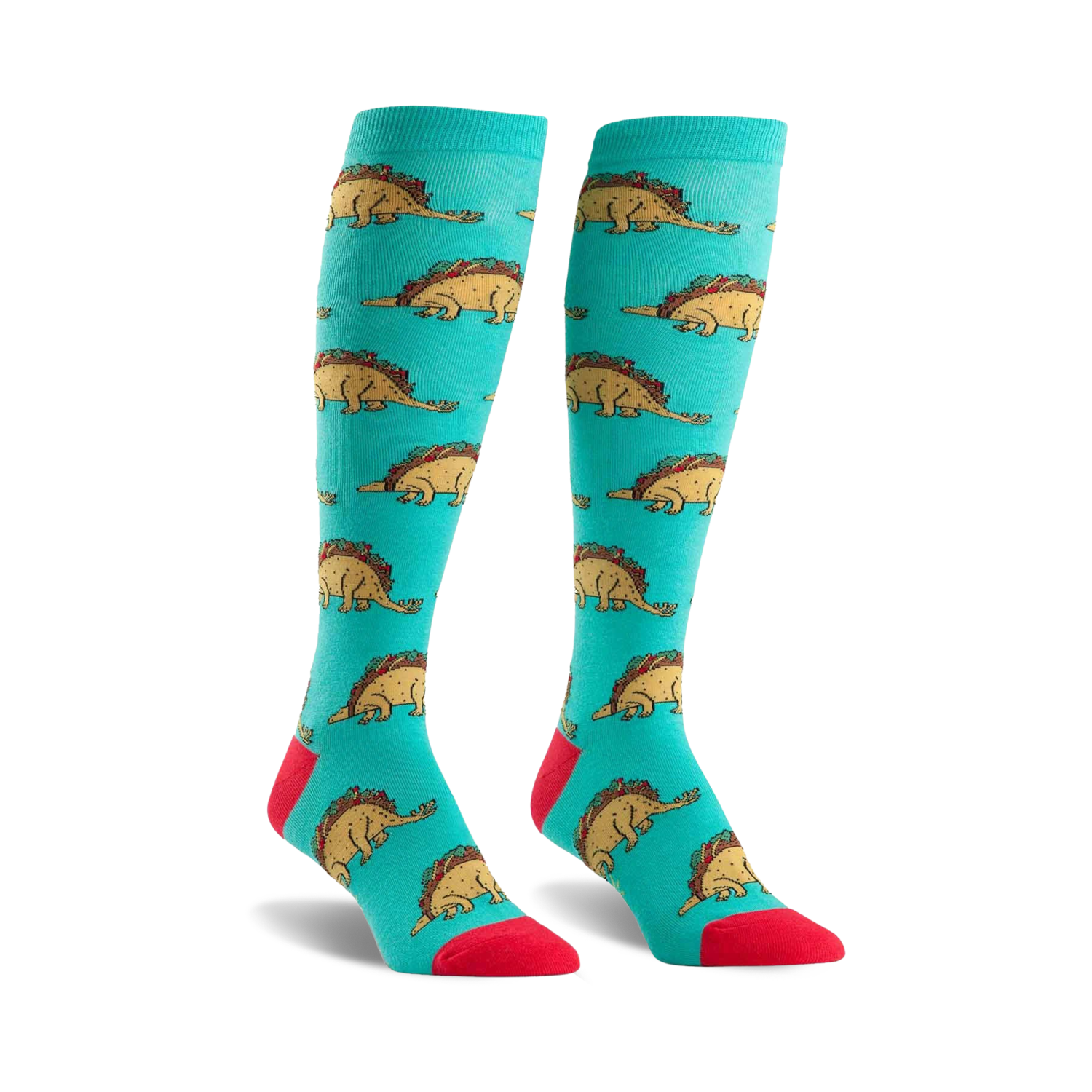 Pair of teal knee-high socks with a repeating pattern of cartoon dinosaurs made of tacos.  Accents of red on the toes and cuffs.