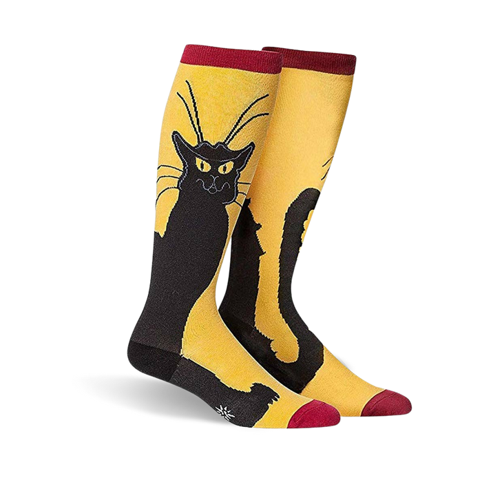 black cat with red accents pattern knee-high wide calf socks for women.   }}