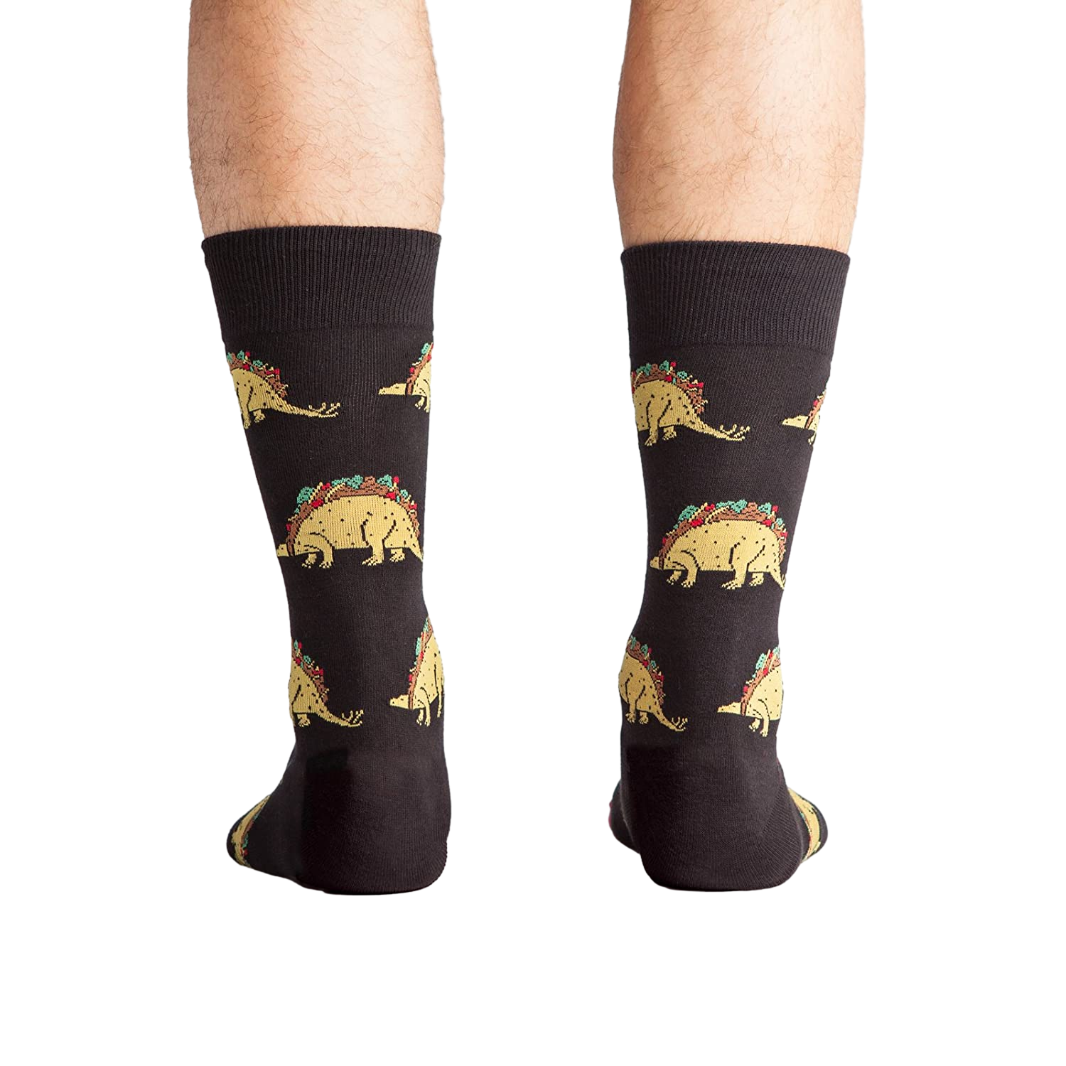 Back view of a person wearing Tacosaurus socks.  The image shows the complete sock design and a hint of the sock's cuff.