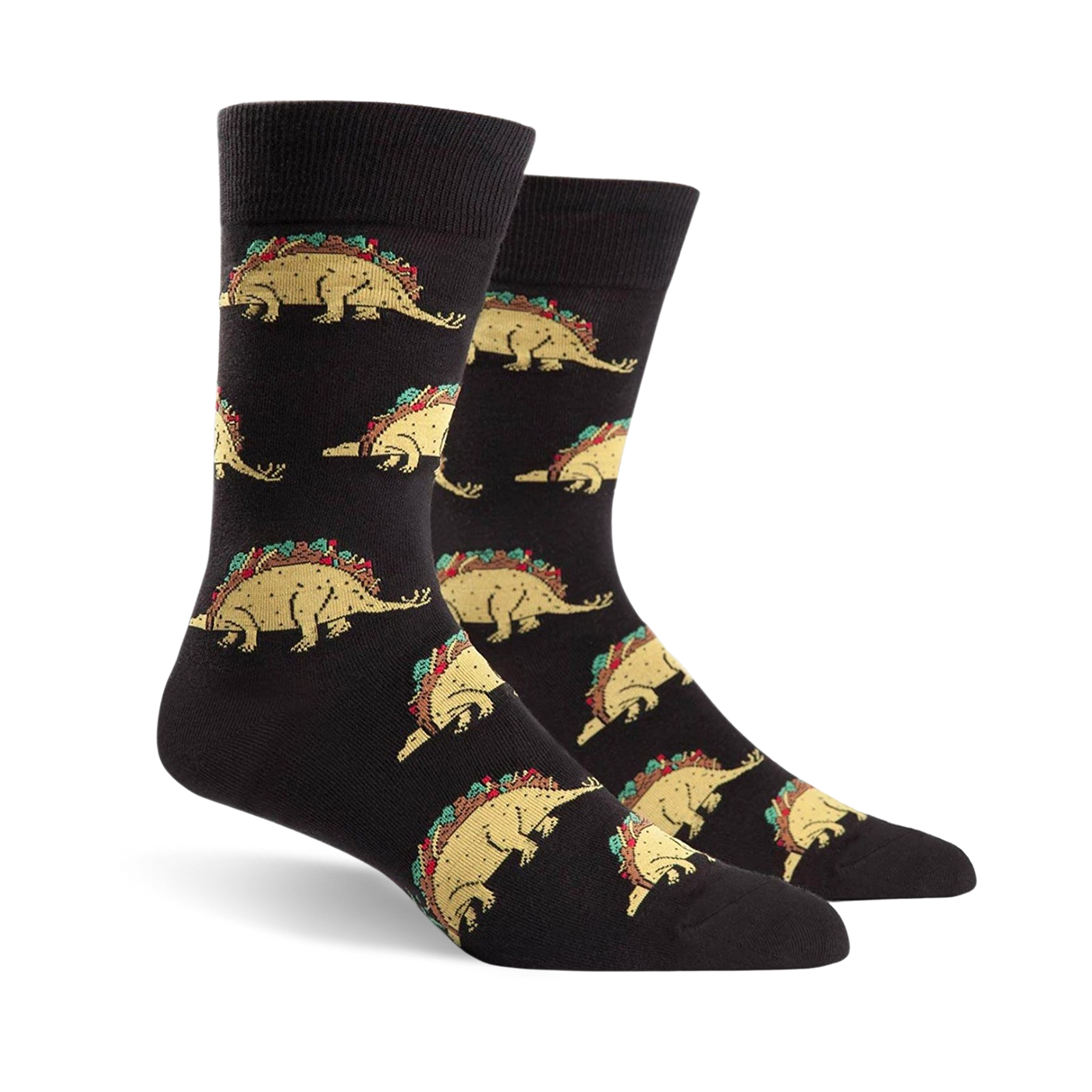 Pair of black crew socks featuring a repeating pattern of tacosaurus illustrations. The tacosaurus is a dinosaur-shaped taco with all the fixings.