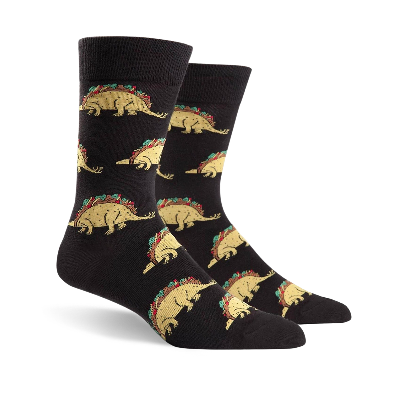 Pair of black crew socks featuring a repeating pattern of tacosaurus illustrations. The tacosaurus is a dinosaur-shaped taco with all the fixings.