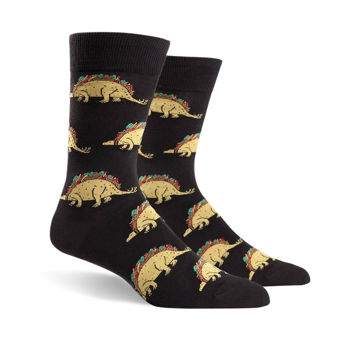 black crew socks featuring dinosaurs wearing tacos as shells. taco theme  