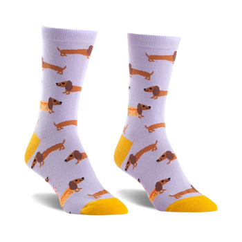 purple crew socks with a pattern of light brown hot dogs with yellow mustard.   