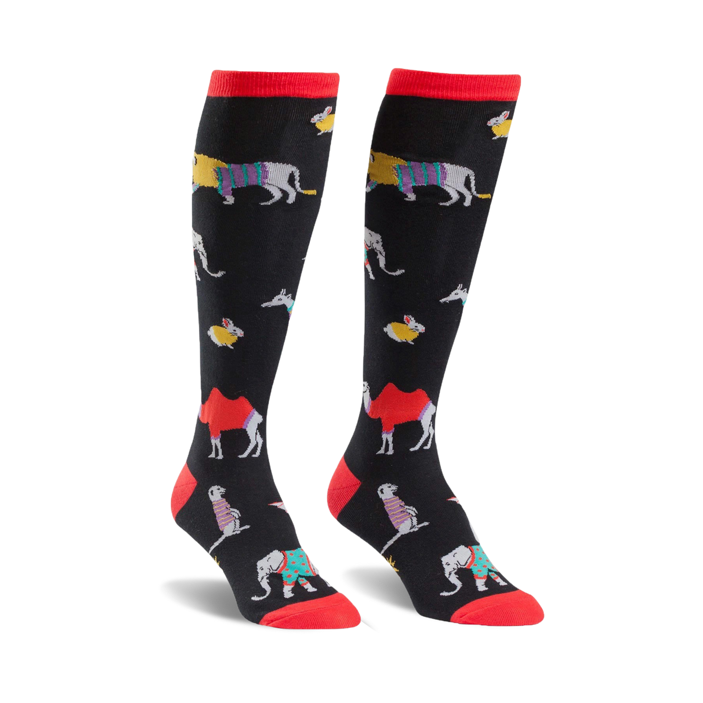 Pair of black knee-high socks with colorful animal designs including camels, elephants, and other creatures. Red tops.