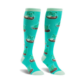 Pair of teal knee-high socks with a repeating pattern of terrariums containing various plants.  