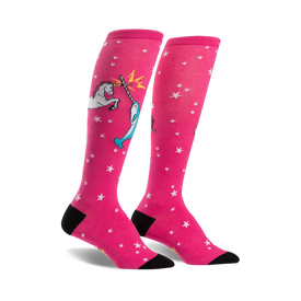 pink knee-high socks, unicorn vs. narwhal design, women's, cotton blend.   