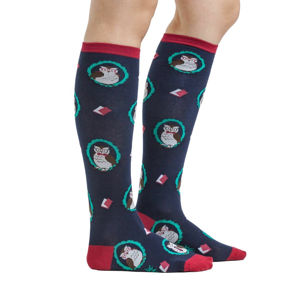 Lifestyle shot showing the Wise Owl knee-high socks on a person's legs.