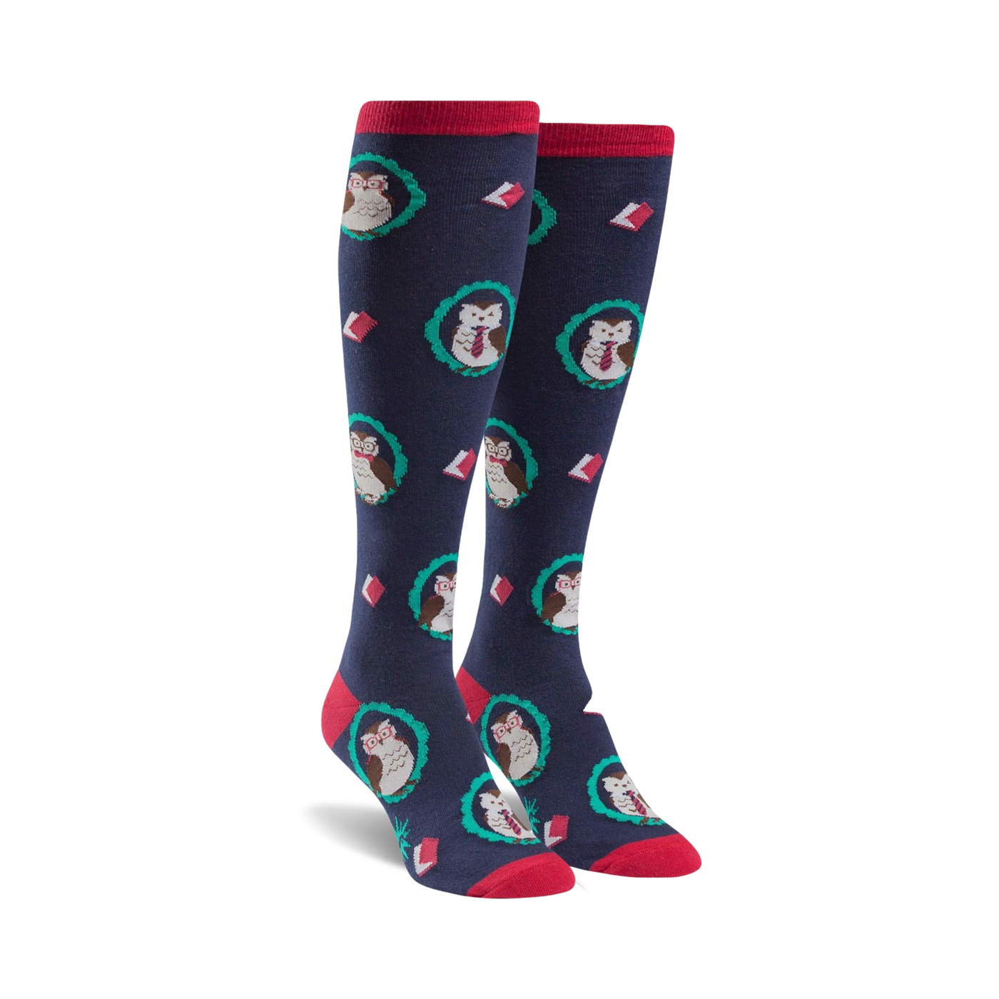 Pair of navy blue knee-high socks with a pattern of owls wearing glasses and surrounded by teal wreaths and books.