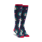 Pair of navy blue knee-high socks with a pattern of owls wearing glasses and surrounded by teal wreaths and books.