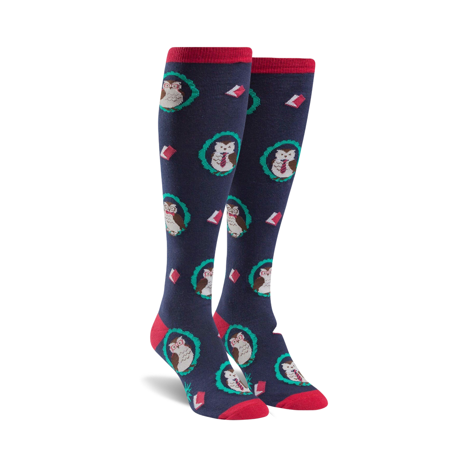 Pair of navy blue knee-high socks with a pattern of owls wearing glasses and surrounded by teal wreaths and books.