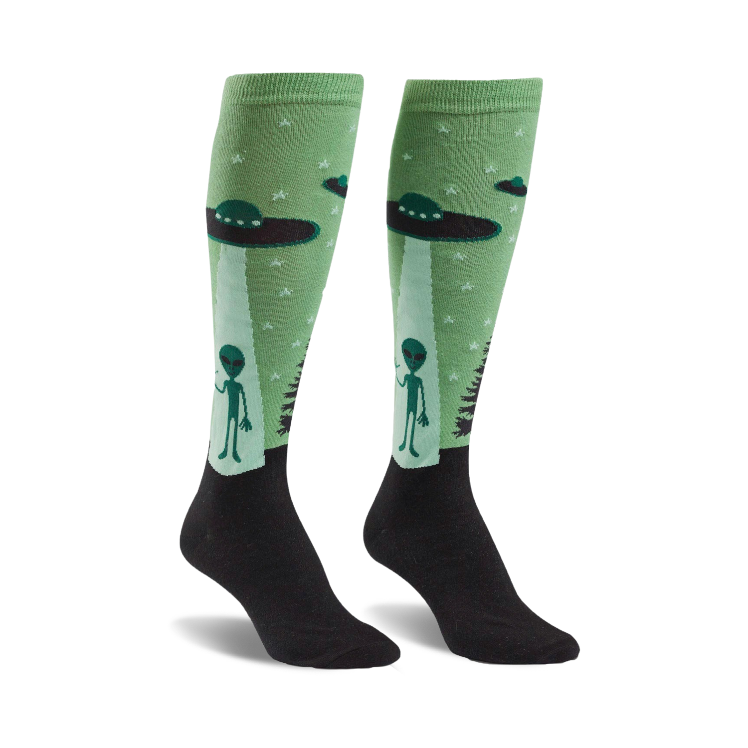 Pair of pastel green knee-high socks with aliens and UFOs. Black cuff. Fun, quirky design.