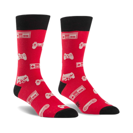 mens red crew socks with black toe, heel, and cuff featuring a repeating pattern of video game controllers and consoles.   
