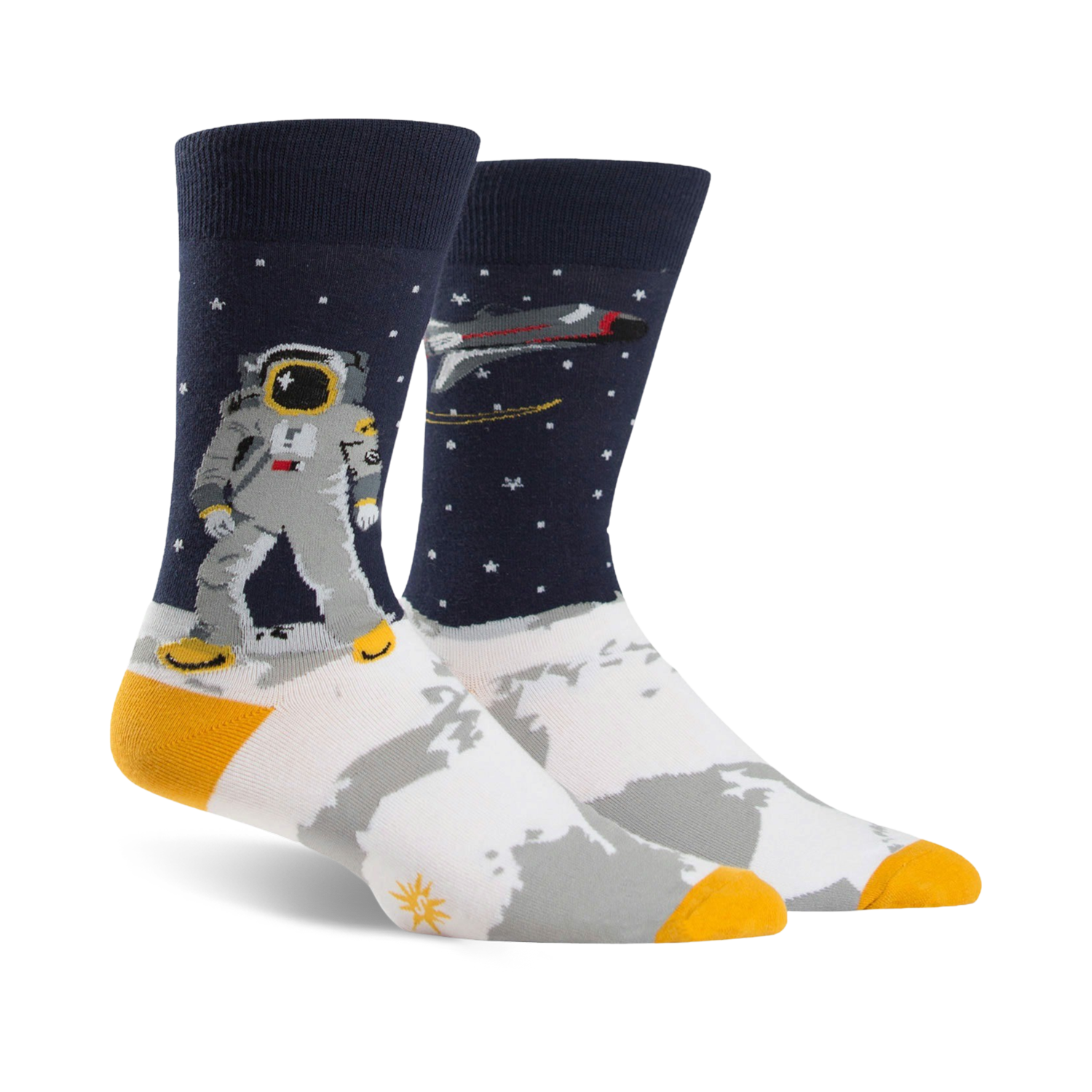 A pair of crew socks; navy blue background with white moon surface, astronaut, rocket, and gold accents.