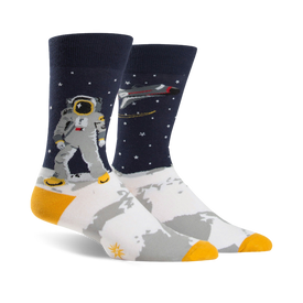 one giant leap space themed mens blue novelty crew socks