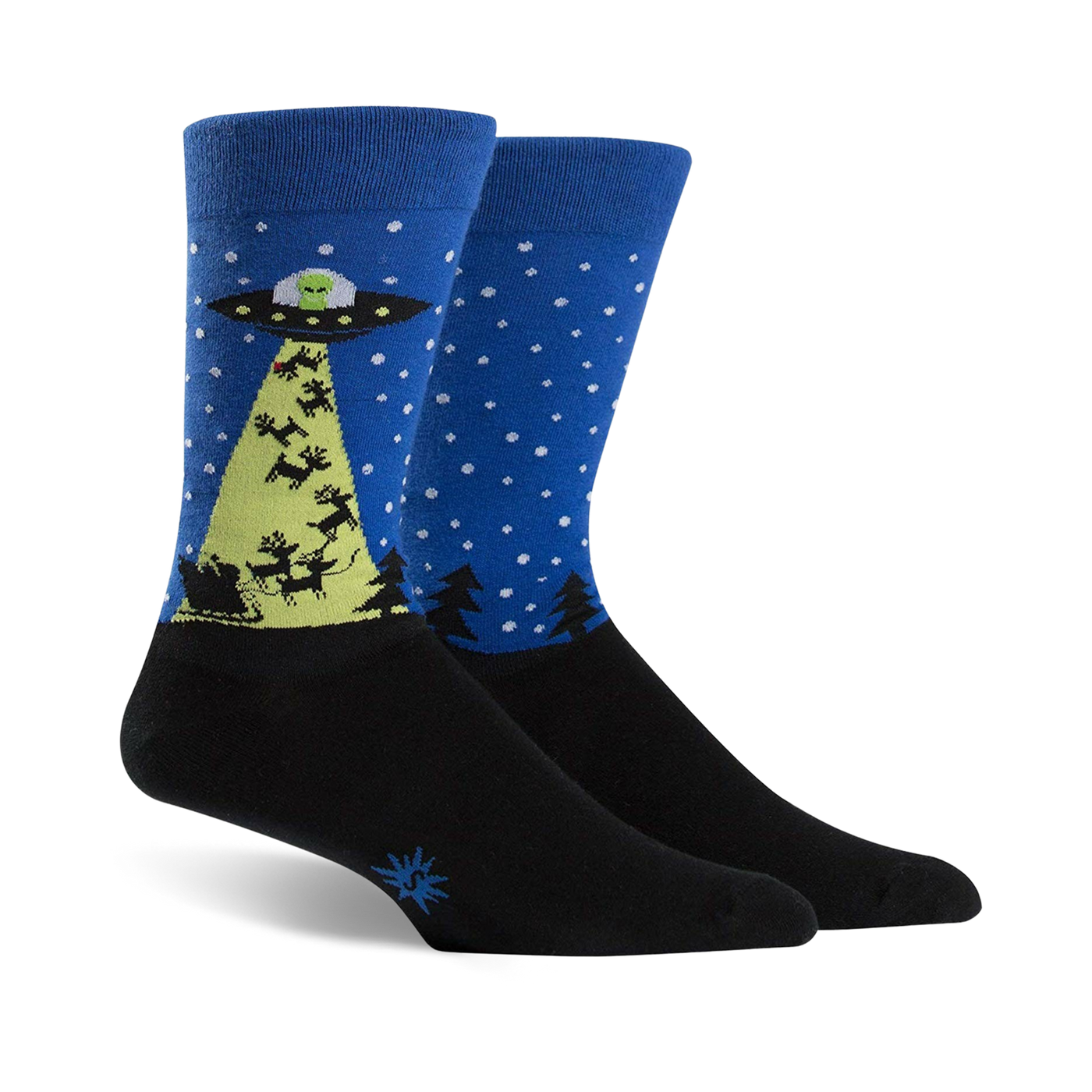 Pair of crew socks in blue with black toes and heels. Features a design of a UFO beaming Santa's sleigh with reindeer.