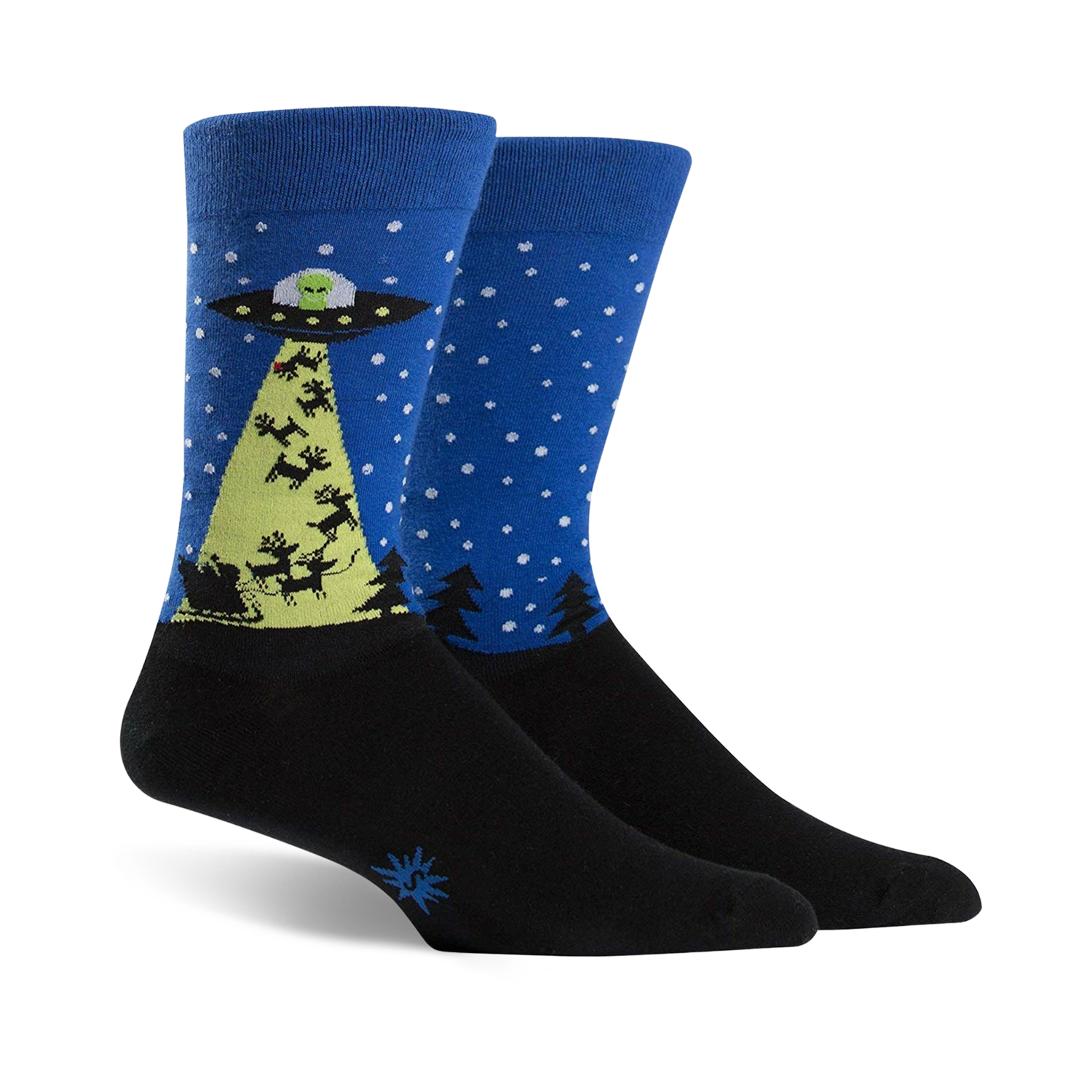 Pair of crew socks in blue with black toes and heels. Features a design of a UFO beaming Santa's sleigh with reindeer.