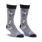 Gray crew socks featuring a whimsical design of unicorns and narwhals battling with sparks. Black cuffs.