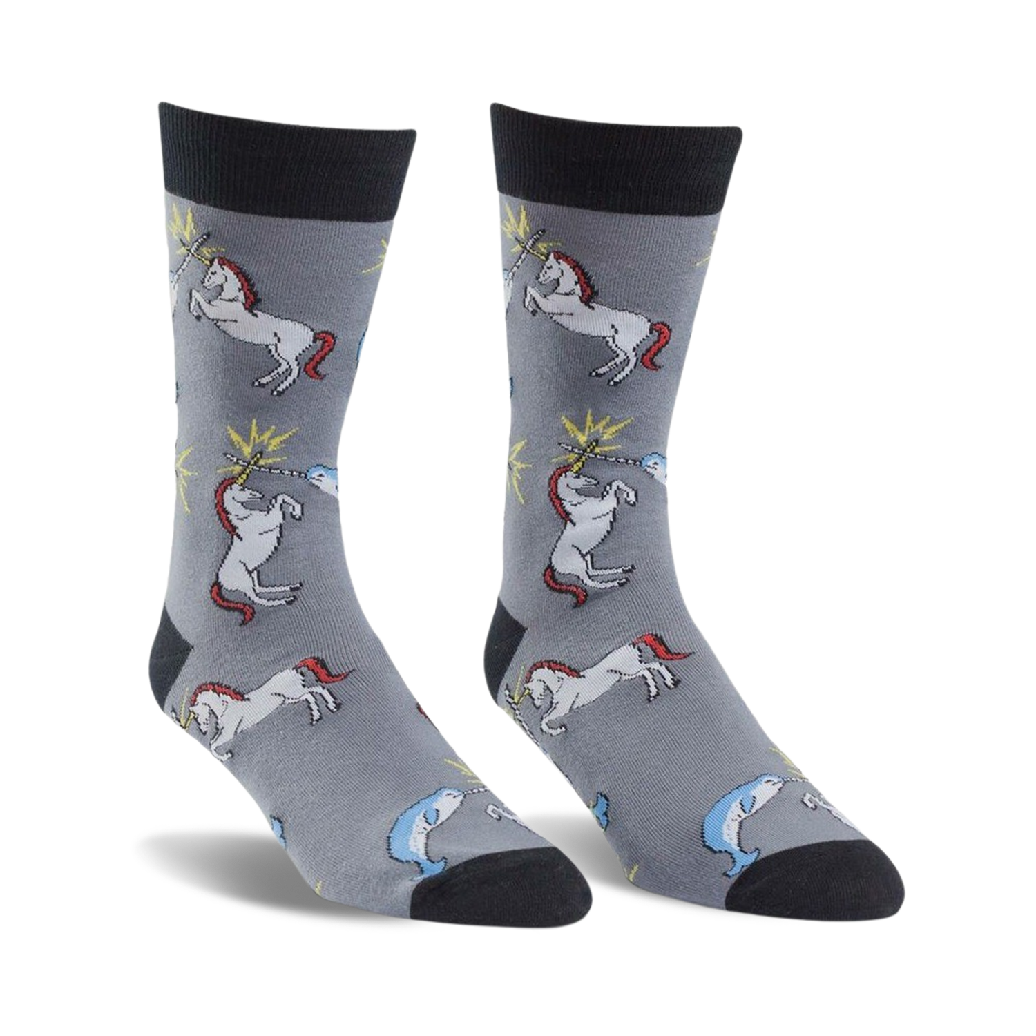 Gray crew socks featuring a whimsical design of unicorns and narwhals battling with sparks. Black cuffs.