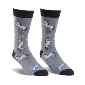 mens gray crew socks with repeating pattern of cartoon unicorns and narwhals.   