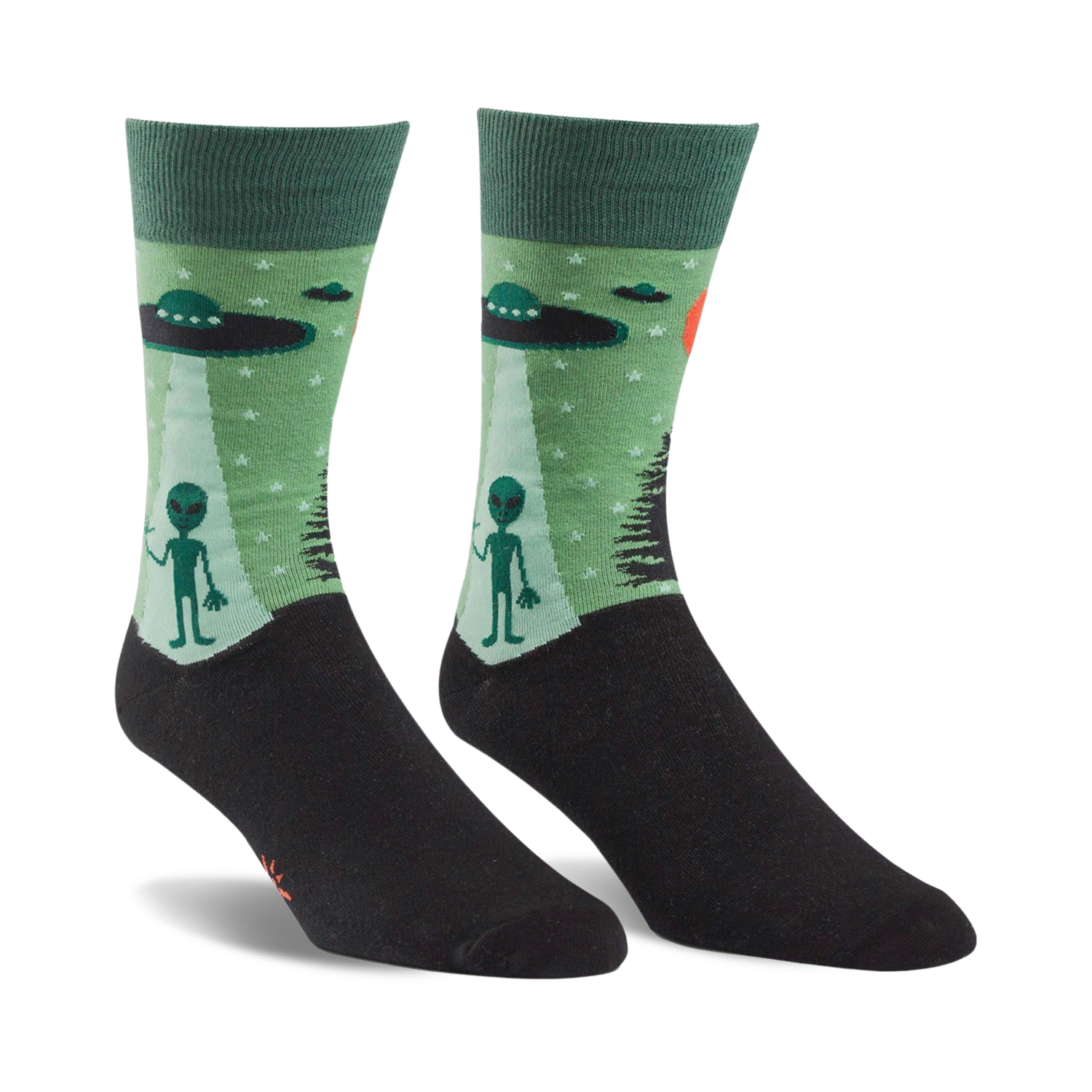 Pair of crew socks in green and black. The design features grey aliens, UFOs, and a starry night scene.