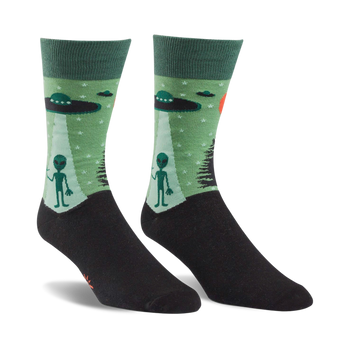 mens dark green crew socks with ufos, aliens, trees, and stars  