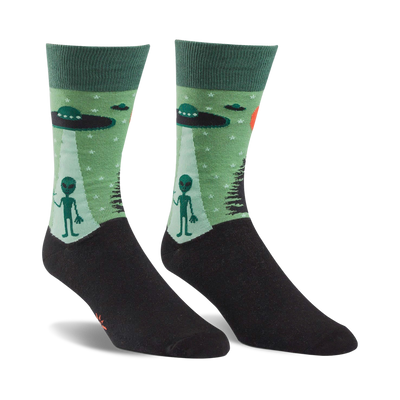 mens dark green crew socks with ufos, aliens, trees, and stars  