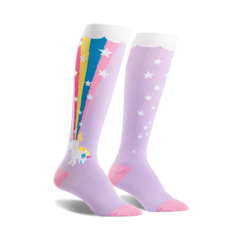 bright purple knee high socks covered in white stars, a rainbow, and unicorns pooping rainbows.   