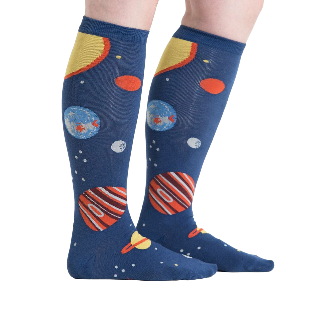 Lifestyle shot showing the Planets socks on a person's legs against a white background, from a slightly different angle.