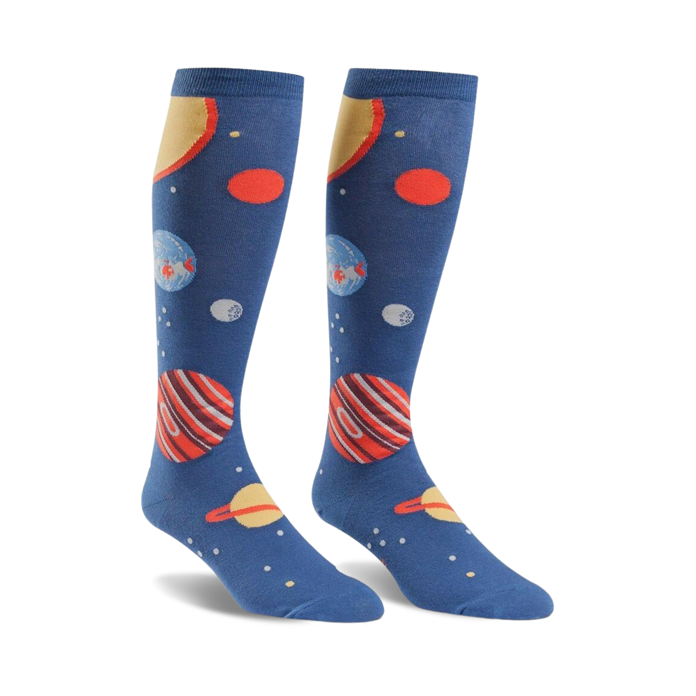 Pair of knee-high socks; navy blue with colorful planets, stars, and a yellow sun design.