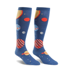 Pair of knee-high socks; navy blue with colorful planets, stars, and a yellow sun design.