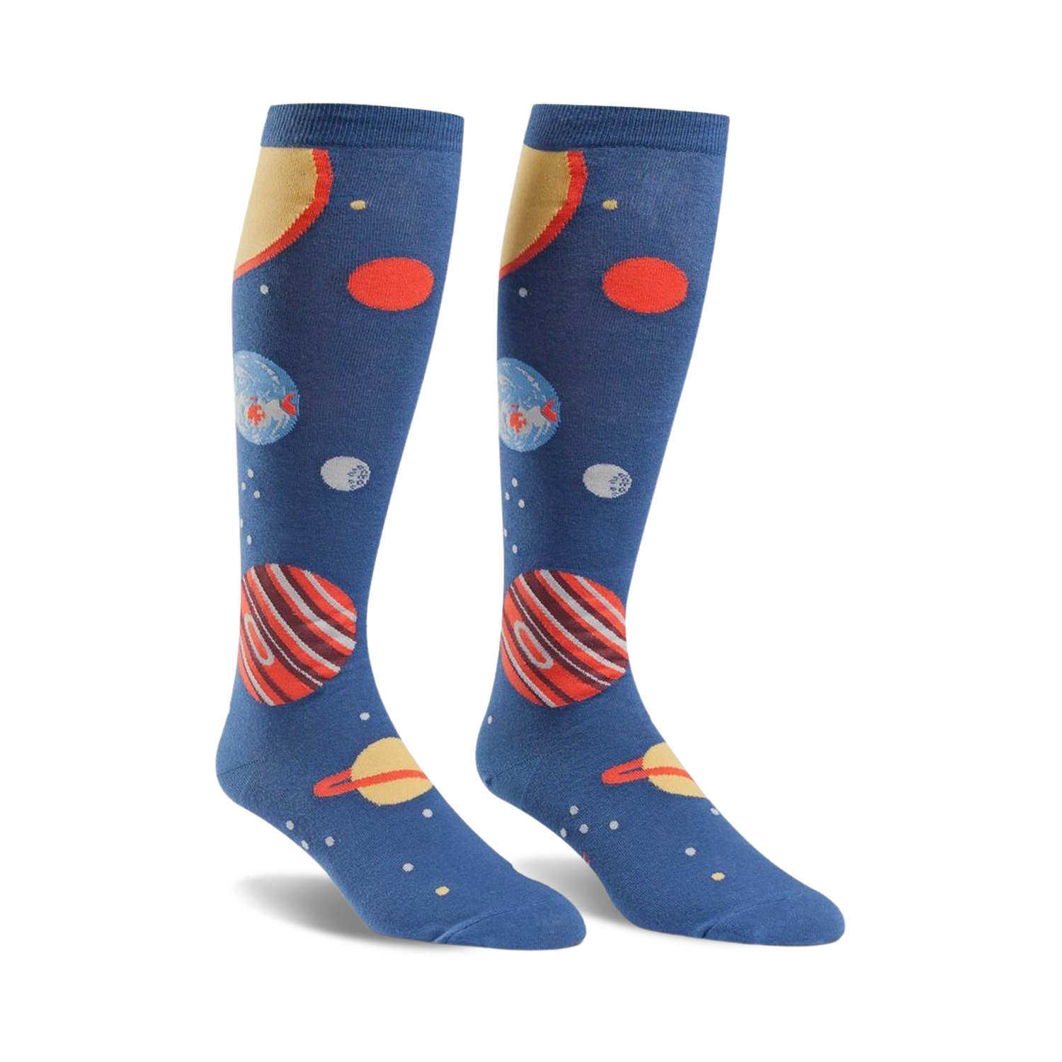 Pair of knee-high socks; navy blue with colorful planets, stars, and a yellow sun design.