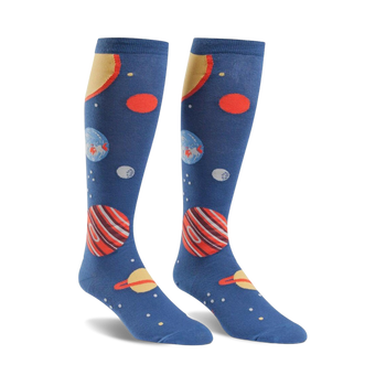 knee-high planet socks in blue with star and moon pattern. for men and women.   
