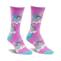 Crew socks in purple with a repeating pattern of gray kittens with wings sitting on clouds, rainbows, and shooting stars. Teal accents at the cuffs.