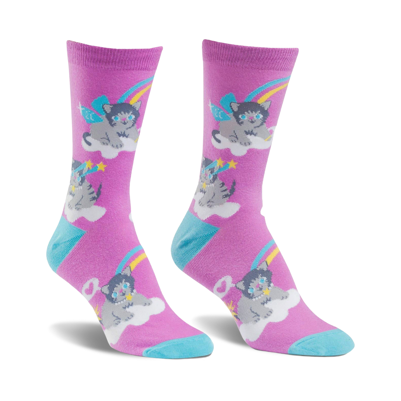 Crew socks in purple with a repeating pattern of gray kittens with wings sitting on clouds, rainbows, and shooting stars. Teal accents at the cuffs.