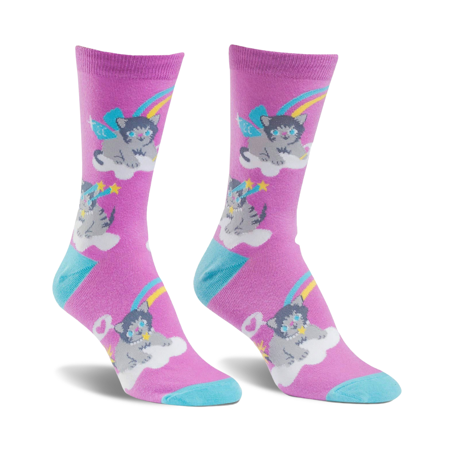 Crew socks in purple with a repeating pattern of gray kittens with wings sitting on clouds, rainbows, and shooting stars. Teal accents at the cuffs.
