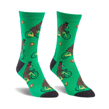 green crew socks with bears riding bicycles, wearing top hats and accompanied by red flowers and black top hats.  